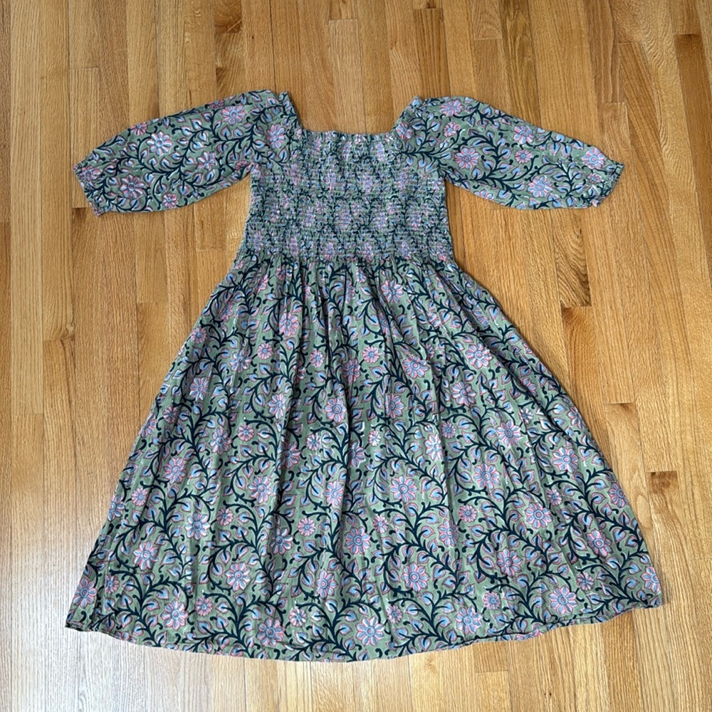 Green and Blue Smocked Midi Sundress with Bishop Sleeves